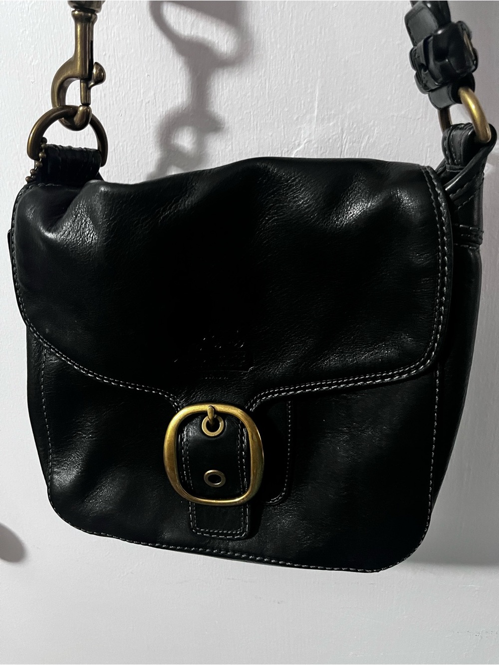 Coach Black Leather Bleecker Flap with Brass Buckle